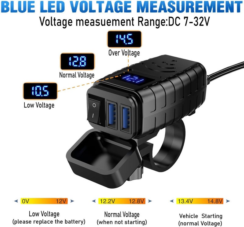 HAOQUOOU Motorcycle Phone Charger,Quick Charge 3.0 Dual USB Motorcycle Phone Charger with Voltmeter & ON/Off Switch,Waterproof Motorcycle Accessories for Phone, Tablet, GPS, etc - Image 3